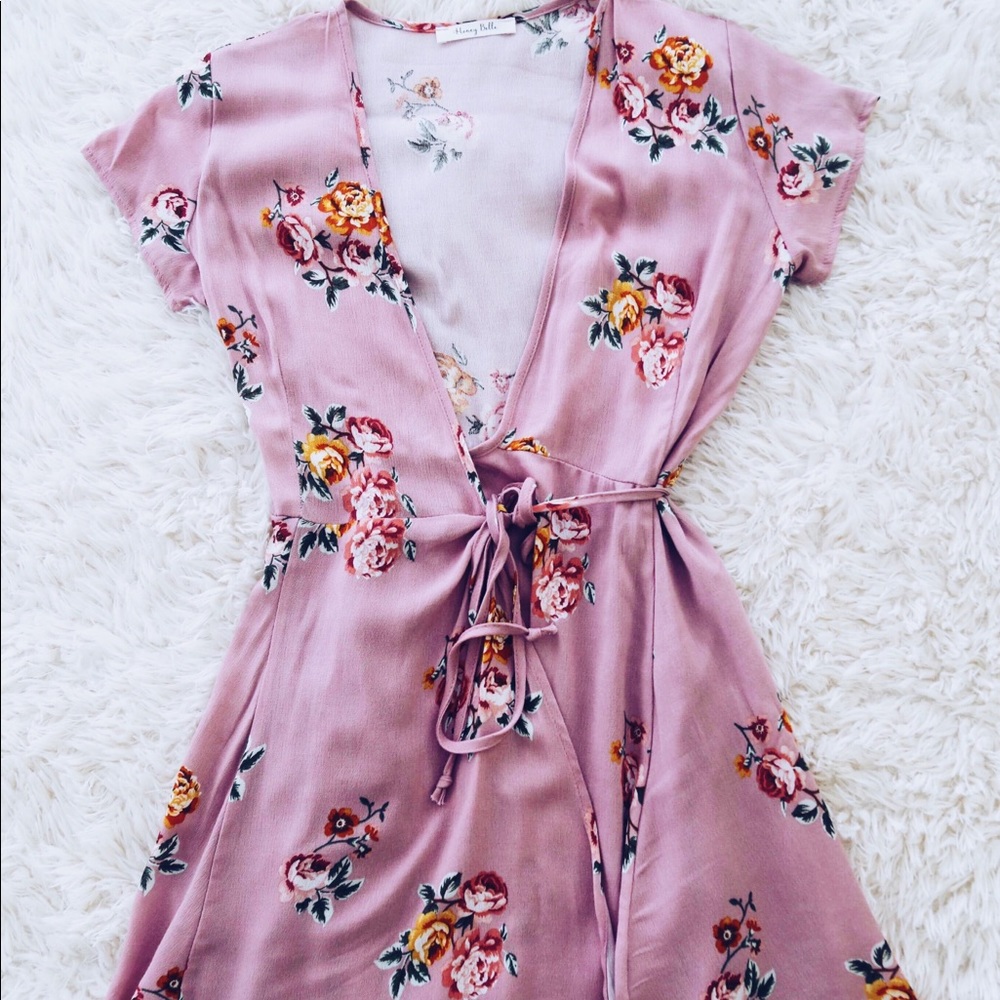 1 left - Pink Floral Printed Wrap Dress - Picture 7 of 8